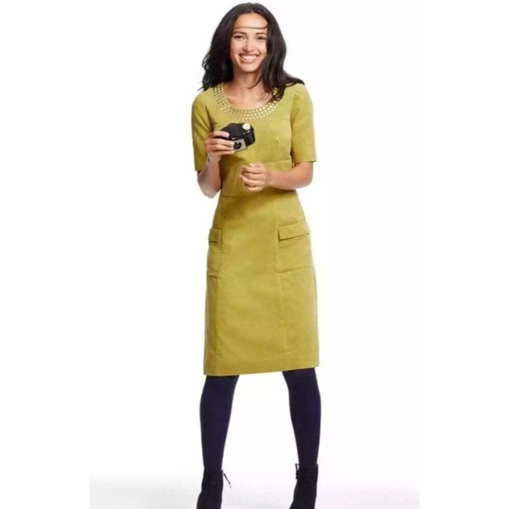 BODEN Velvet Dress Golden Yellow Pocket Short Sleeve Arylide Hampshire Sz 4 LONG
